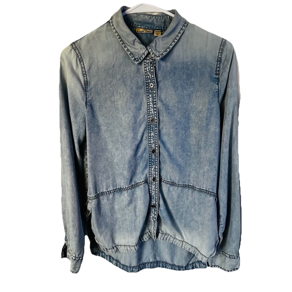 Anthropologie Denim Chambray Shirt Women's‎ Sz 4 Blue Long Sleeve Holding Horses